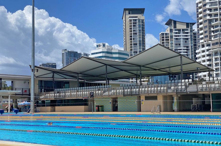 SouthportAquaticGrandstand-4 Shade roof over the spectator grandstand at the Southport aquatic centre
